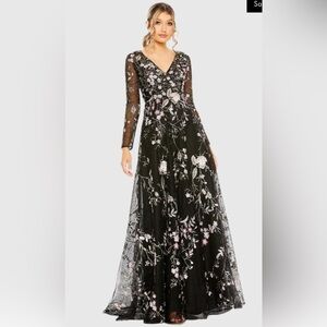 Mac Duggal Black V-Neck Long Sleeve Embroidered A-Line Floral Gown